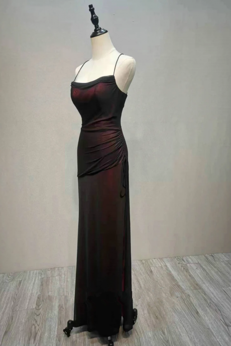 Black and Red Long Formal Dress, Black Straps Prom Dress Party Dress