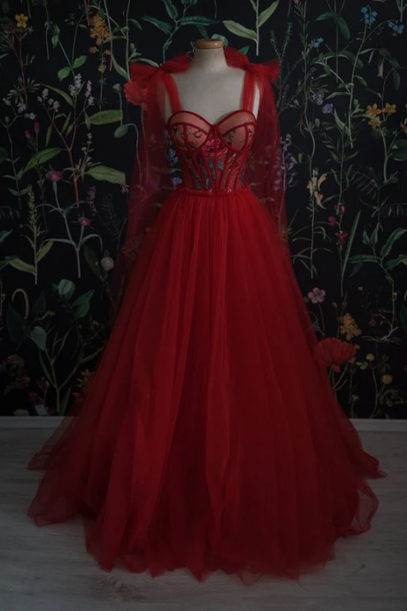 Red Tulle With Flowers Long Party Dress, A-line Tulle Straps Prom Dress
