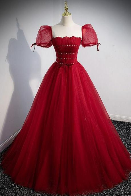 Dark Red Tulle with Beaded Short Sleeves Party Dress, A-line Wine Red Prom Dress
