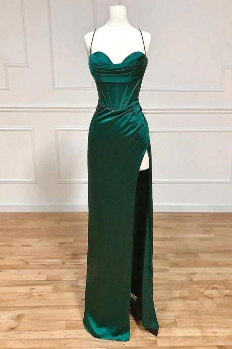 Green Satin Straps Long Prom Dress With Leg Slit, Green Prom Dress