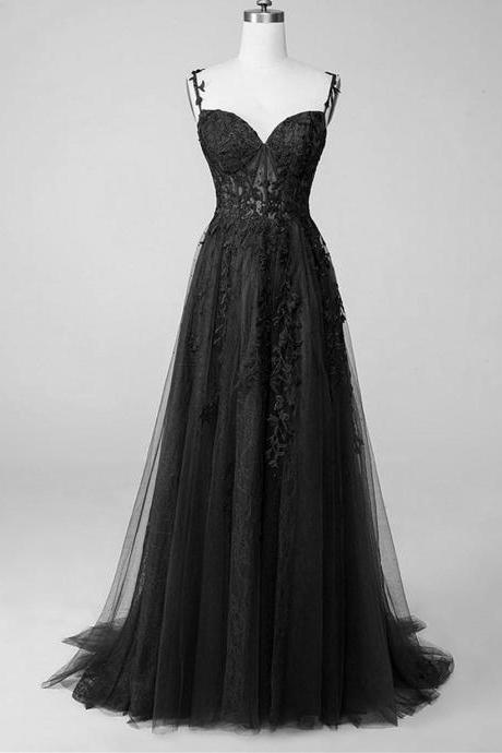 Black Tulle with Lace Straps A-line Prom Dress, Black Long Party Dress