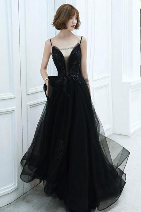 Black Straps V-neckline Long Tulle Prom Dress, A-line Black Party Dress