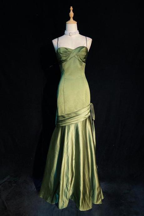 Green Satin Long Straps Floor Length Party Dress, Green Formal Dress Prom Dress