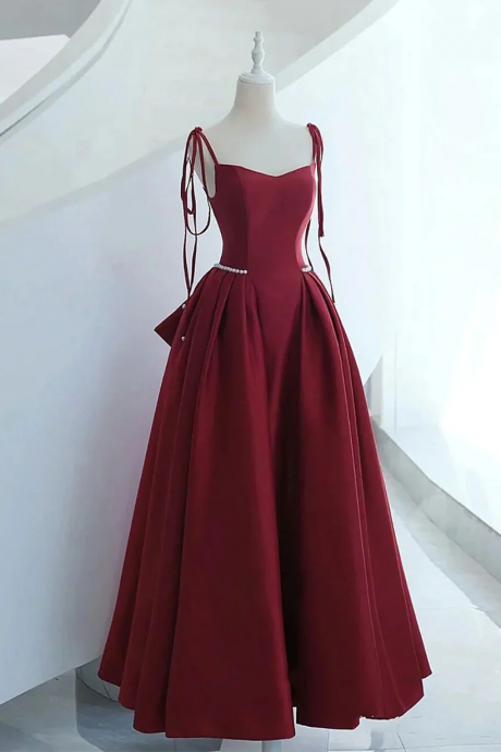 Wine Red Satin Long A-line Prom Dress, A-line Wine Red Party Dress Formal Dress