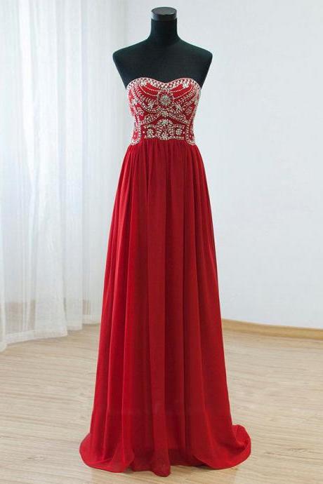 Pretty Red Long Beadings Chiffon Prom Dresses 2016, Red Prom Dresses, Red Formal Dresses