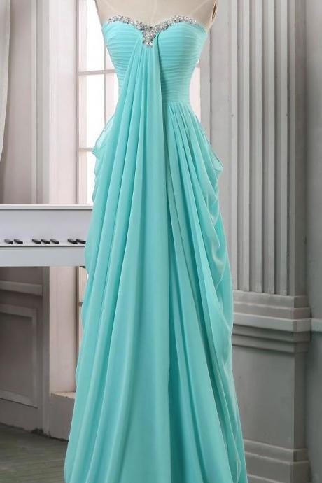 Blue Floor Length Chiffon Prom Dress Featuring Ruched and Beaded Sweetheart Bodice 