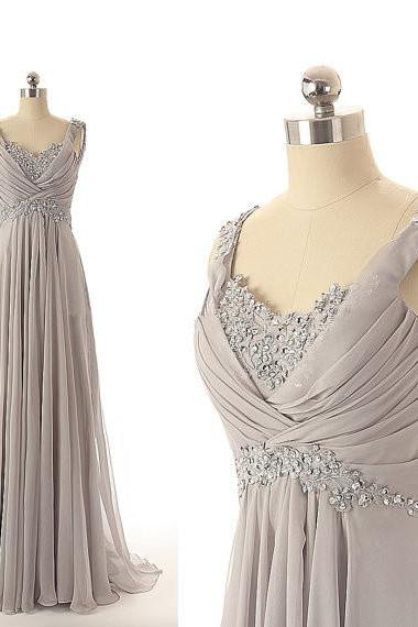 Elegant Grey Lace AApplique Beaded Prom Dresses, Grey Bridesmaid Dresses, Grey Formal Dresses, Grey Evening Dresses