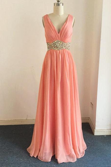 Beautiful Custom Made V-neckline Cross Back Long Prom Dress with Beadings, Long Prom Gowns, Prom Dresses 2016