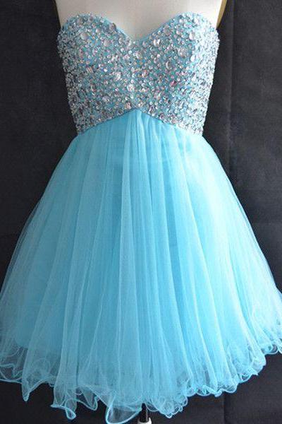 Beautiful Light Blue Beaded Short Prom Dresses 2016, Blue Homecoming Dresses, Formal Dresses 2016, Short Prom Dresses