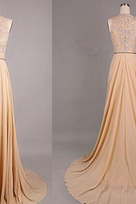 Pretty Handmade Champagne Long Prom Dress With Lace Applique, Champagne Prom Gowns, Evening Dresses 2016