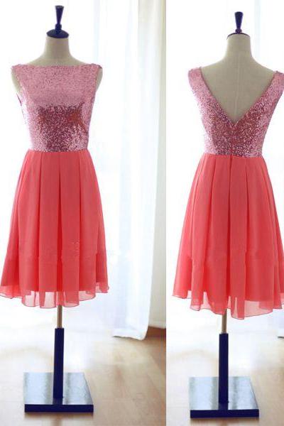 Lovely Short Coral Bridesmaid Dresses with Pink Sequins, Short Bridesmaid Dresses, Short Party Dresses