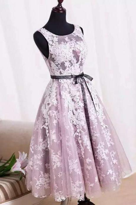 Charming Handmade Tea Length Tulle Pink Prom Dresses with Lace Applique, Prom Dresses, Homecoming Dresses
