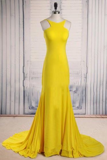 Pretty Handmade Yellow Scoop Neck Court Train Ruffles Backless Prom Dress, Prom Dresses 2016, Bridesmaid Dresses