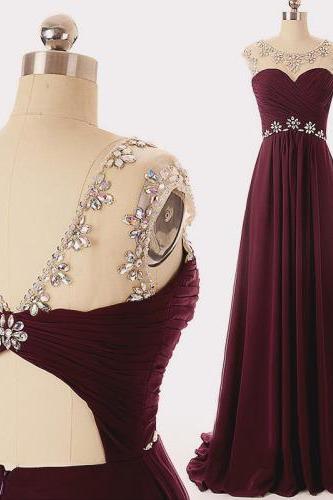 Lovely High Quality Maroon Long Chiffon Beaded Prom Dresses , Long Prom Gowns, Maroon Evening Dresses
