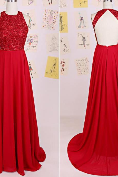 Charming Red Halter Long Backless Prom Dress 2016 With Lace Applique, Red Prom Gowns, Prom Dresses 2016