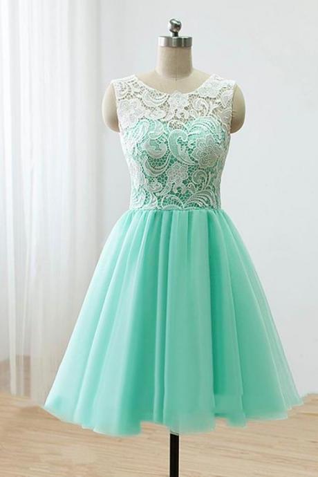 Love Handmade Short Mint Tulle Prom Dress With Lace, Homecoming Dresses, Short Prom Dresses 2016