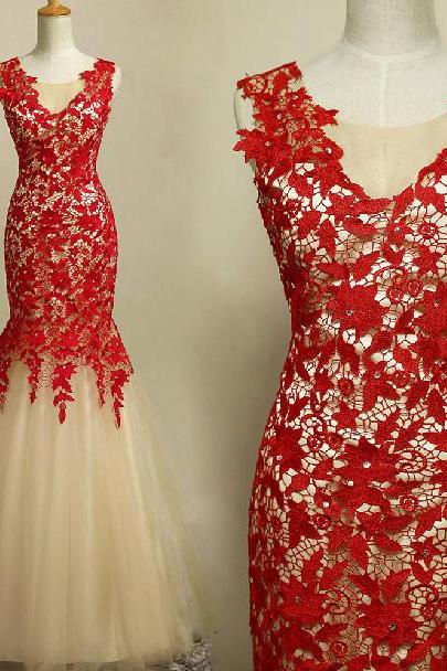 Elegant Handmade Mermaid Red Lace Prom Gown 2016, Prom Gowns 2016, Red Evening Gowns