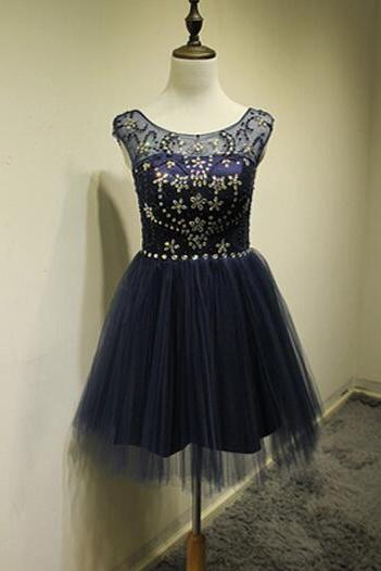 Cute Navy Blue Short Tulle Prom Dress With Beadings, Homecoming Dresses 2016, Short Prom Dresses 2016