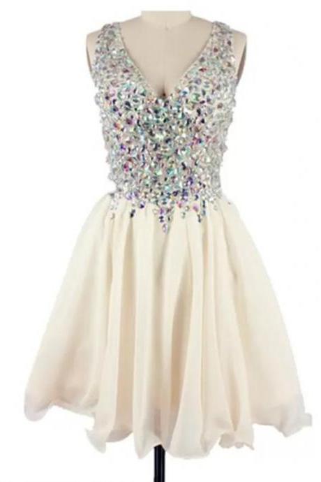 Cute Short Handmade Chiffon V-neckline Prom Dress with Beadings, Homecoming Dresses 2016, Short Party Dresses