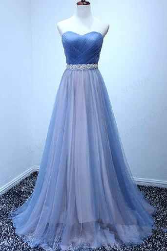 Tulle Ruched Sweetheart Floor Length Chiffon A-line Prom Dress Featuring Beaded Embellished Belt, Lace-up Back, Evening Dress
