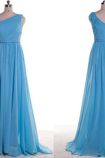 Beautiful Simple One Shoulder Chiffon Blue Long Bridesmaid Dresses, Blue Prom Dresses, Party Dresses