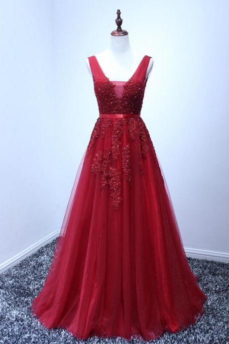 Charming Burgundy Tulle Long Prom Dress with Lace Applique, Burgundy Evening Gowns, Formal Dresses, Prom Dresses 2017