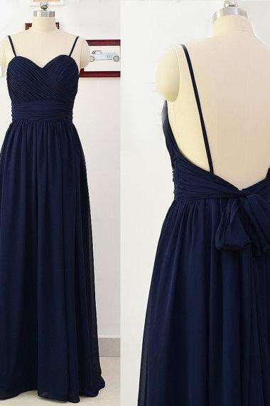 Simple Chiffon Handmade Navy Blue Straps Backless Party Dresses, Simple Formal Dresses, Evening Gowns