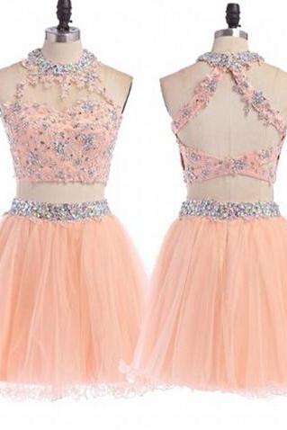Blush Pink Two-piece Short Tulle Homecoming Dress With Halter Neckline And Iridescent Beads Embellishment