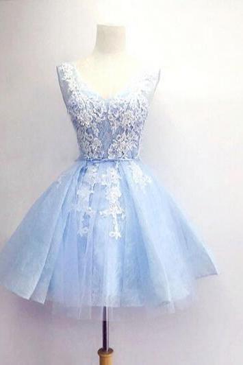 Lovely Handmade Light Blue Short Tulle And Lace Applique Prom Dresses 2017, Homecoming Dresses, Short Party Dresses