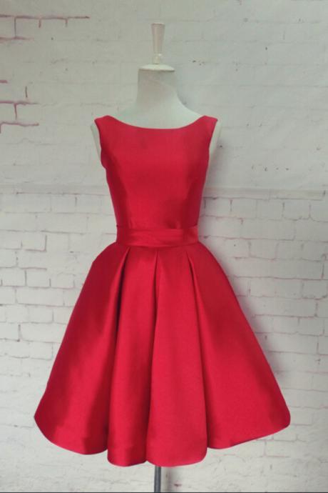 Lovely Red Satin Knee Length Prom Dresses, Cute Homecoming Dresses, Short Red Party Dresses
