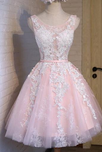 Cute Light Pink Tulle Handmade Short Prom Dress With Lace Applique, Pink Homecoming Dresses, Lovely Graduation Dresses