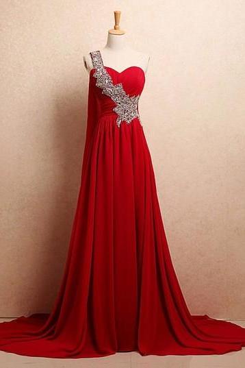 Beautiful Red Chiffon One Shoulder Long Sweetheart Prom Dresses, Long Prom Dresses 2017, Evening Dresses