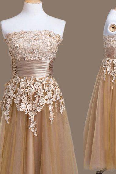 Champagne Tea Length Tulle Homecoming Dress Featuring Lace Appliqués Straight Across Bodice