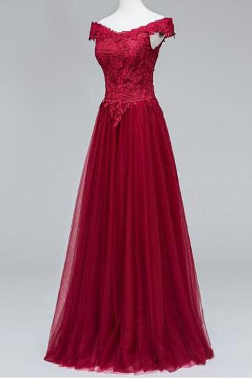 Burgundy Off-the-shoulder Floor-length Tulle Prom Dress With Lace Appliqué Overlay