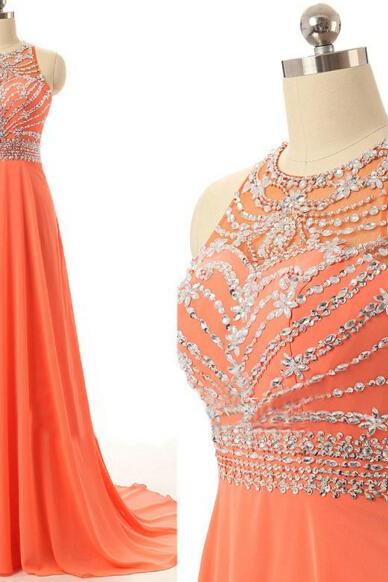 Beautiful Chiffon Halter Beaded Backless Long Prom Dresses 2017, Prom Gowns, Prom Dresses 2017