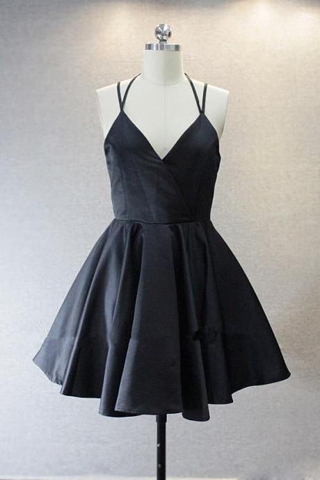 Fashion Black Short V-neckline Satin Halter Handmade Formal Dresses, Little Black Dresses, Homecoming Dresses, Short Prom Dresses