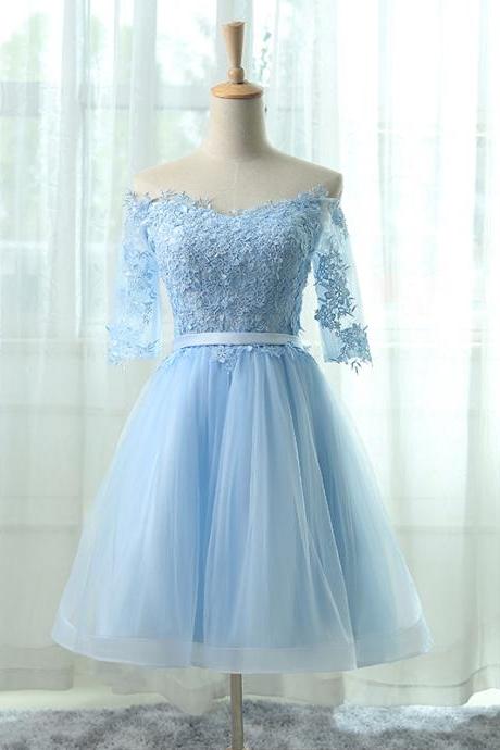 Off-the-shoulder Lace Appliqué Short Homecoming Dress In Light Blue