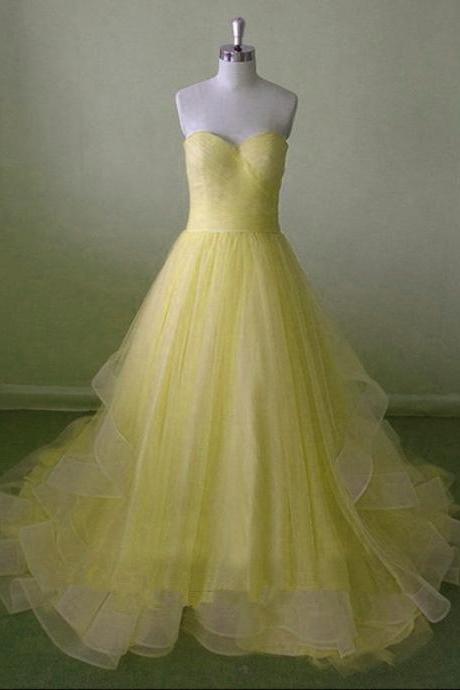 Beautiful Light Yellow Handmade Sweetheart Tulle Long Prom Gowns 2017, Prom Gowns 2017, Yellow Prom Dresses 2017, Party Gowns