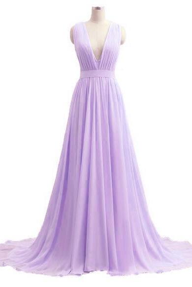 Beautiful Handmade Chiffon Lavender Long Prom Dress with V-Back, Custom Lavender Party Dresses, Long Prom Dresses