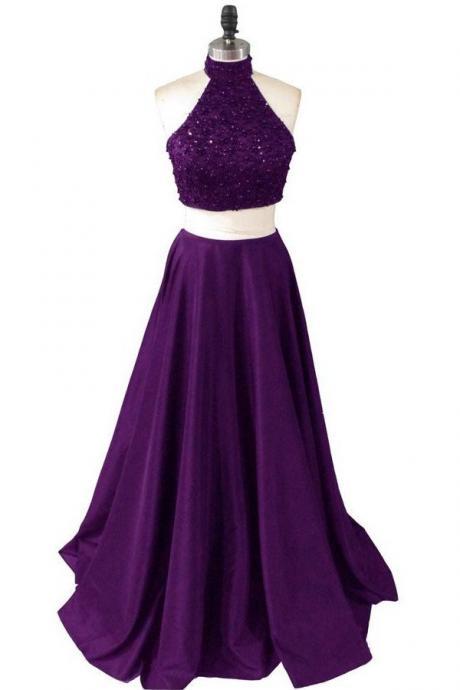 Custom Made Dark Purple Two Piece Halter Satin Prom Dresses, Two Piece Prom Dresses, Dark Purple Prom Dresses 2017