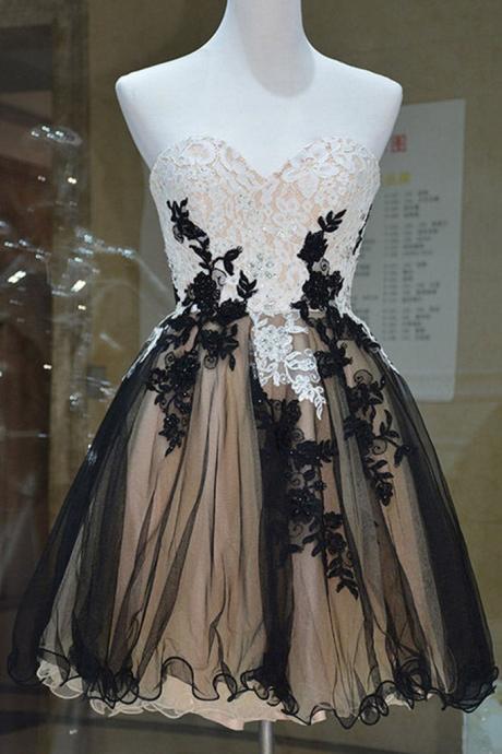 Cute Champagne and Black Short Sweetheart Party Dresses, Knee Length Prom Dresses, Sweet 16 Dresses