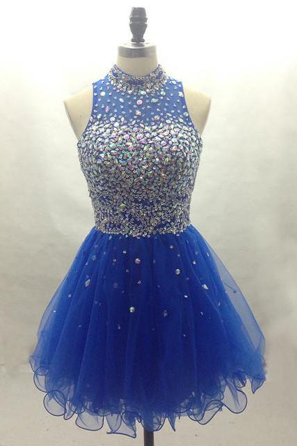Cute Halter Royal Blue Tulle Short Sparkle Prom Dresses, Short Prom Dresses, Blue Homecoming Dresses