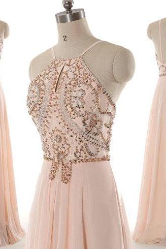 Sparkle Beaded Backless Straps Long Chiffon Link Pink Prom Dresses, Pink Party Dresses, Evening Gowns