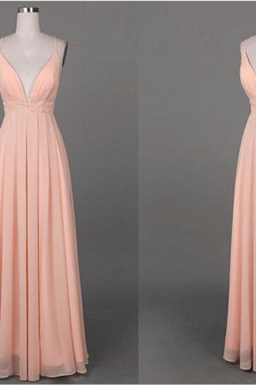Elegant Pearl Pink Straps V-neckline Floor Length Prom Dress 2017, Pink Prom Gowns, Evening Formal Gowns