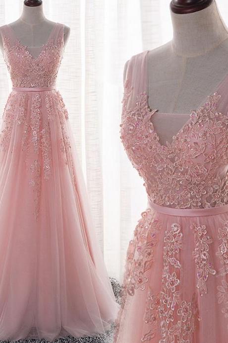 Elegant Tulle Handmade Pink V-neckline A-line Prom Dress With Lace Appliques, Light Pink Evening Gowns, Pink Formal Dresses 2017
