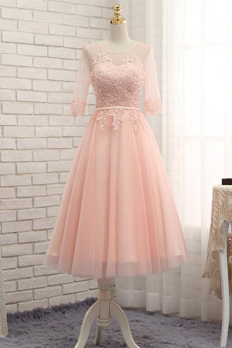 Cute Light Pink Tea Length Tulle Prom Dresses, Lace-up Party Dresses, Pink Short Prom Dress