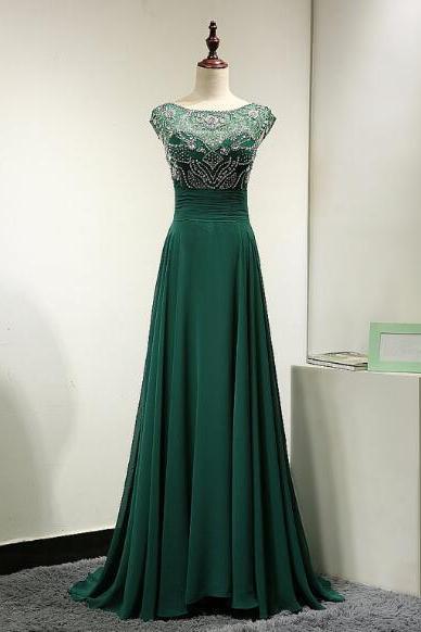 Beautiful Dark Green Beaded Backless Long Chiffon Prom Dress 2017, Green Party Dresses, Evening Gowns 2017