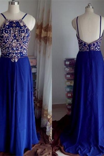 Pretty Blue Backless Beaded Long Party Dresses, Chiffon Long Prom Dresses, Straps Prom Dress 2017