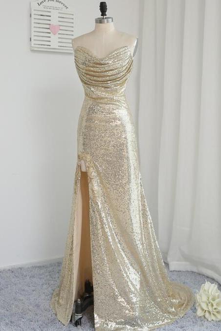 Charming Light Gold Sexy High Split Prom Dresses 2017, Sequins Party Dresses, Mermaid Evening Gowns