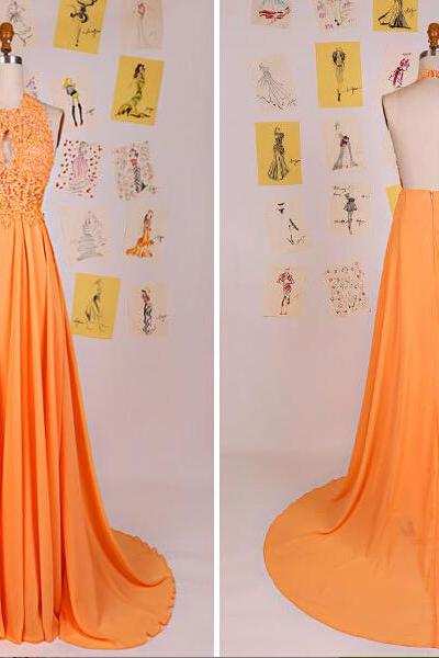 Fashion Halter Bright Orange Backless Floor Length Party Dresses, Halter Prom Dresses 2017, Chiffon Long Party Dresses
